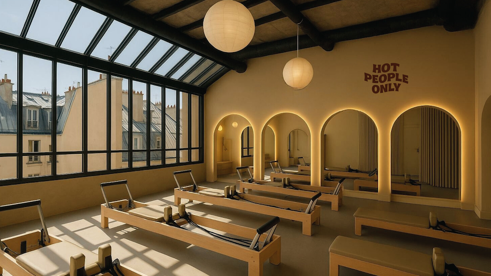 studio pilates lumineux avec réformes et arches rétro-eclairées dans le club HPO Paris Le Marais