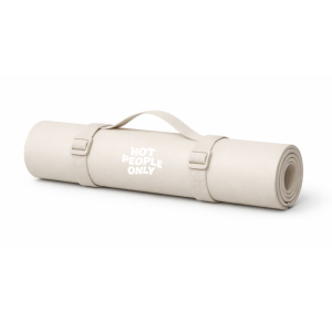 Tapis de sport beige HPO roulé avec sangle, équipement fitness premium Paris 3e